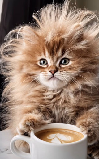 Junge Katze mit Kaffee als sympathisches Motiv für die Bürokraft-Suche